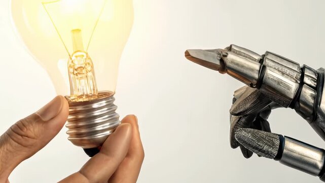 Innovation in the age of AI. A human hand and a robotic hand touch the glowing light bulb