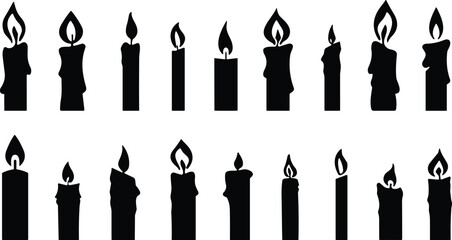 Vector collection of burning candle silhouettes, black light fire flame icon, holiday decoration, memorial prayer symbol, isolated glowing wax element set
