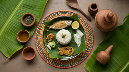 Fototapeta premium Authentic Traditional Meal Served on Banana Leaf