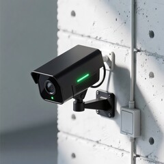 Black Bullet Style Outdoor Security Camera Mounted on a Rough Concrete Wall with Green Status Light in Daylight