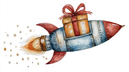A whimsical rocket carrying gifts, adorned with a bow, zooms through space, leaving a trail of stars, symbolizing celebration and adventure.