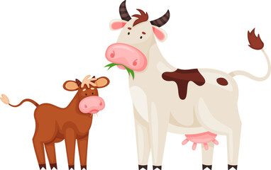 Mother cow eating grass with young calf standing