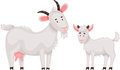 Mother goat and kid standing together farm animals