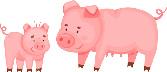 Mother pig and piglet standing on white background