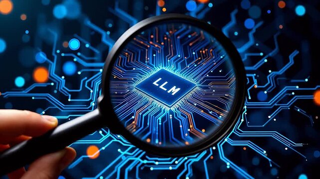 Magnifying glass over circuit board with LLM chip