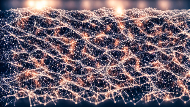 Abstract digital network grid with glowing with interconnected points and flowing lines, forming a dynamic digital wave. Ideal for technology, data, AI, blockchain, and futuristic science backgrounds.