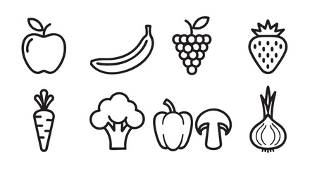Healthy Food Icons Set in Black and White Outline Style
