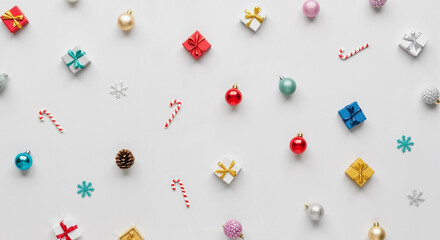 Charming Christmas pattern with gifts and ornaments on light background