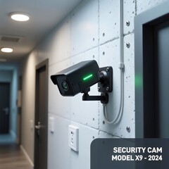 Modern Black Security Cam Model X9 Mounted in a Home or Office Hallway on a Textured Concrete Wall