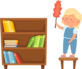 Child cleaning bookshelf, helping with domestic chores
