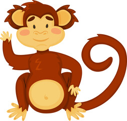 Cute cartoon monkey character waving hand cheerfully