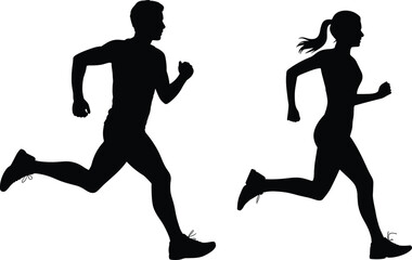Running man and woman silhouette, athletic motion vector, fitness activity, sportswear design, cad drawing flat vector illustration, workout concept