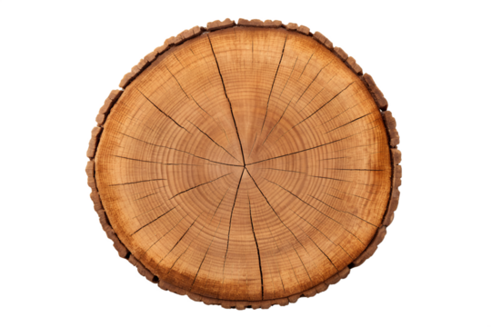 Cross section of a tree trunk showing growth rings and texture, isolated on a white background