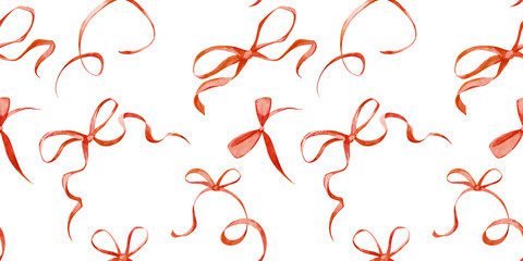 Watercolor hand-drawn seamless pattern with Christmas decoration elements - elegant red bows, ribbons isolated on a white background. New year, valentine's day wallpaper