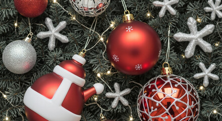 Elegant Christmas pattern with red and silver ornaments on green background
