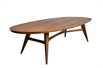 A beautiful mid-century modern wooden coffee table with a unique oval shape and elegant tapered legs, perfect for a stylish living room