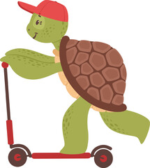Cartoon turtle wearing cap riding kick scooter