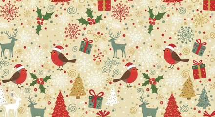 Festive Christmas pattern with birds, gifts, and reindeer in traditional style