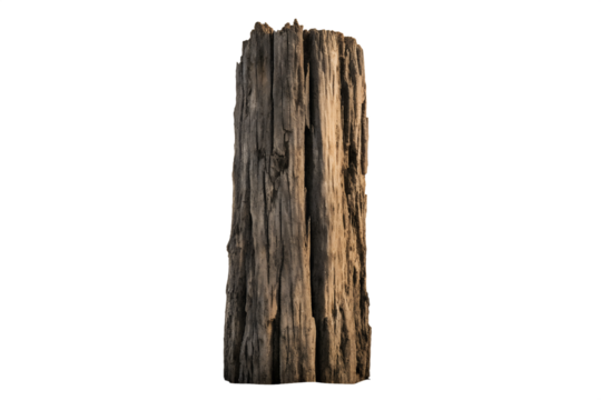 A rustic, weathered piece of aged wood, possibly a tree trunk fragment or old timber, standing vertically with visible rough texture and natural cracks, isolated on a clean white background