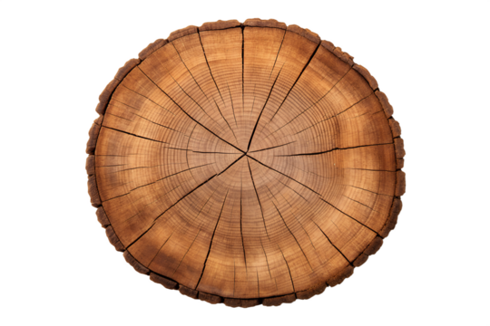 Top-down view of a large circular tree stump cross-section showing annual growth rings and texture, isolated on a white background