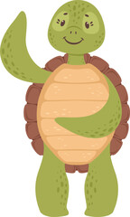 Green cartoon turtle character waving friendly hello