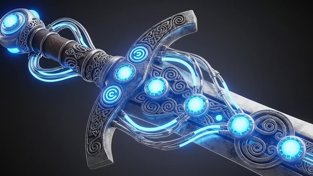 Mystical Glowing Sword with Blue Energy and Intricate Designs.