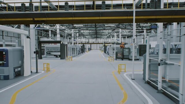 Yellow Collaborative Robotic Arms Actively Working Together With Robots on Production Conveyor System in Vast, Modern Industrial Space. Concept of Industry 4.0, Unmanned, Large Scale Manufacturing.