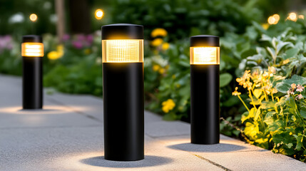 Modern landscaping design with illuminated pathway and ambient lighting in residential garden night scene. Ambient Lighting. Illustration