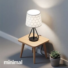 Minimalist Design End Table with Tripod Lamp and Succulent Plant Casting Long Shadows in Low Light