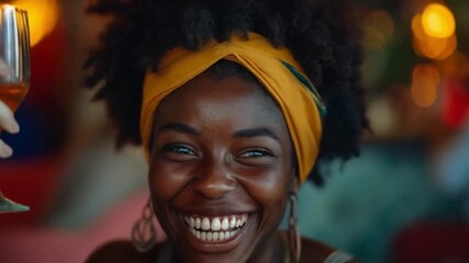 Radiant Black Woman Smiling with Wine Glass | Joyful Celebration with Yellow Headwrap & Sparkling Drink | Happy African American Woman Enjoying Festive Night Out - Powered by Adobe