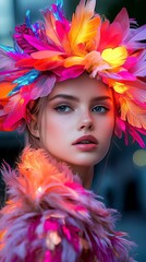 Fototapeta premium Woman displays a vibrant feather headdress and matching shawl against a blurred city backdrop, highlighted by warm, colorful light.