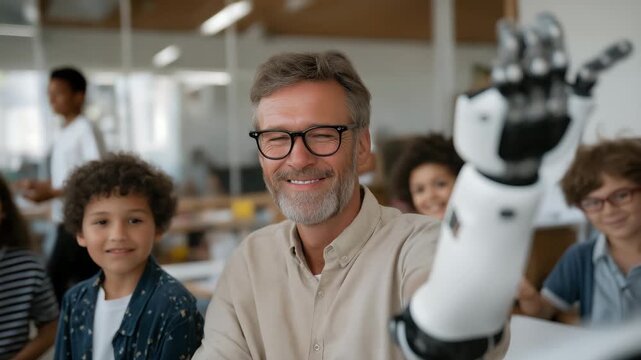 Smiling veteran demonstrating a robotic arm to curious children in a modern classroom — representation of STEM education, hands-on learning, innovation in schools, and veterans inspiring the next