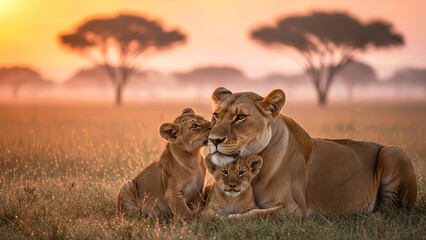 Lioness with Two Cubs in Savannah Landscape