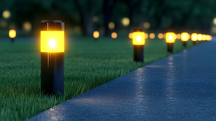 Modern landscaping design with illuminated pathway and ambient lighting in residential garden night scene. Ambient Lighting. Illustration