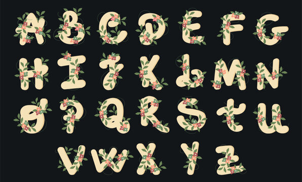 Floral alphabet collection composed of flower and leaf branches. Vector illustration, great for invitations