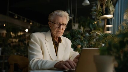 Stylish elderly business owner managing e-commerce sales on a laptop in a home office surrounded by plants and natural light, representing digital entrepreneurship, remote work lifestyle, and - Powered by Adobe