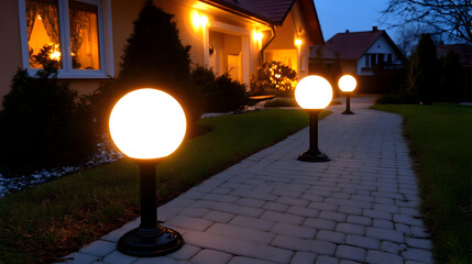 Modern landscaping design with illuminated pathway and ambient lighting in residential garden night scene. Ambient Lighting. Illustration