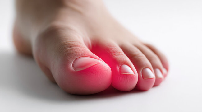 Human foot showing a painful big toe with redness, swelling, and inflammation, highlighting symptoms of gout, arthritis, or other medical conditions affecting the joints