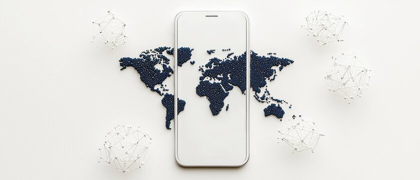 A modern smartphone is centered on a white surface, with a world map formed by dark blue beads placed across it and extending to its sides.