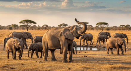 Herd of Elephants at Watering Hole in Savanna