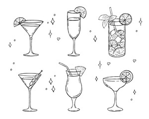 Cocktail sketch, vector illustrations set, mojito, martini and champagne, outline doodles