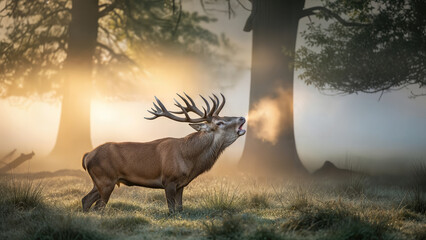 Red Deer Stag Roaring in Foggy Forest