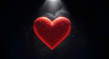 Glowing red heart with light beam on black