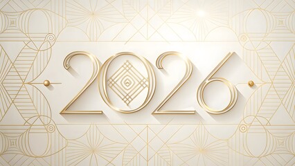 Art Deco style 2026 numbers with gold lines and geometric pattern background vintage