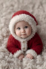 Cute little baby in Santa costume lying on soft fabric of selection, santa, statistic