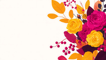 Colorful autumn floral corner with bright roses, yellow leaves and red berries on white background.