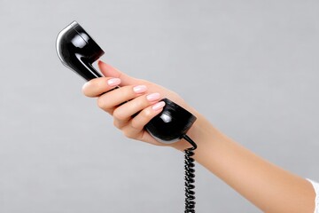 Connecting Conversation: A graceful hand cradles a classic black telephone receiver, poised as if to initiate a conversation, its curved form offering a touch of vintage charm.