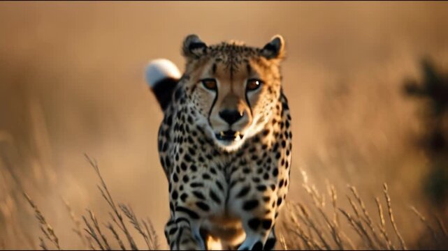 Wild cheetah running fast towards the camera through tall grass during a golden sunset