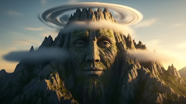 Mystical Mountain God with Celestial Rings and Cloud Veil.