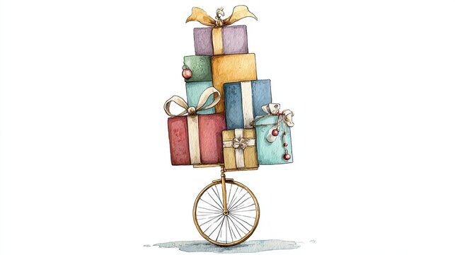 A whimsical illustration of a unicycle balancing colorful gift boxes, evoking a sense of fun and celebration.
